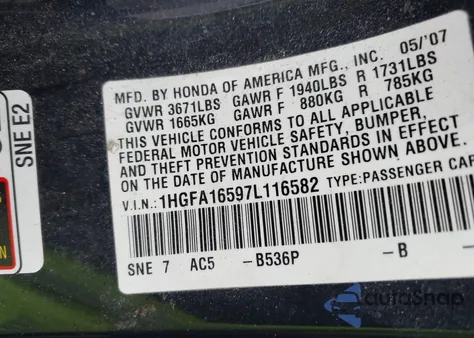 2007 Honda Civic Lx из США, поврежденный, VIN 1HGFA16597L116582